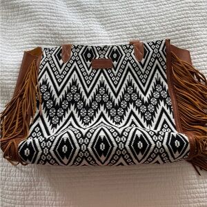 Nena and Co. Black & White Aztec Fringe Tote with Brown Leather Trim